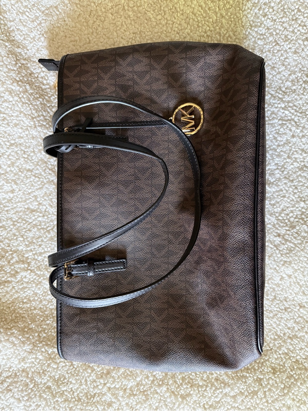 Michael Kors Brown and Black Logo-Print Tote with Gold Accent